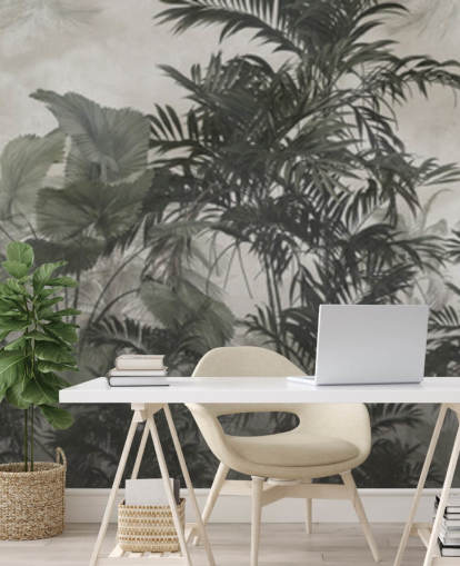 Donkergroen en zwart behang met junglebomen