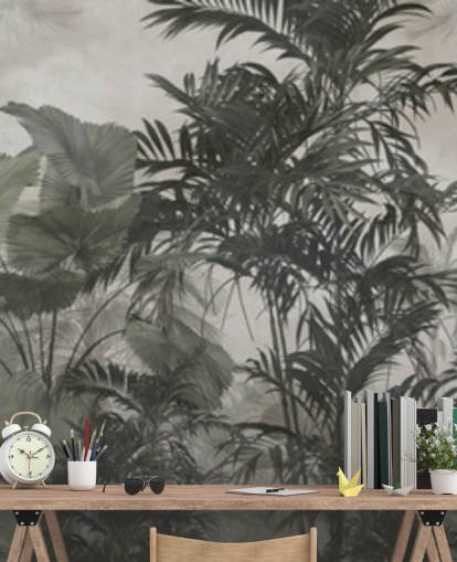 Papier peint d'arbres de la jungle vert foncé et noir