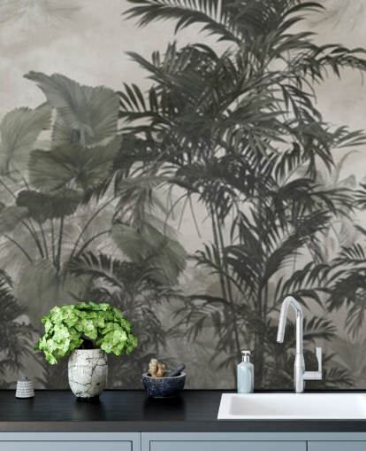 Papel de parede de árvores da selva verde escuro e preto