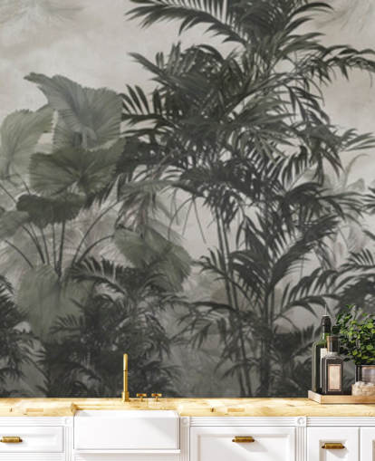 Papel pintado de árboles selváticos verde oscuro y negro