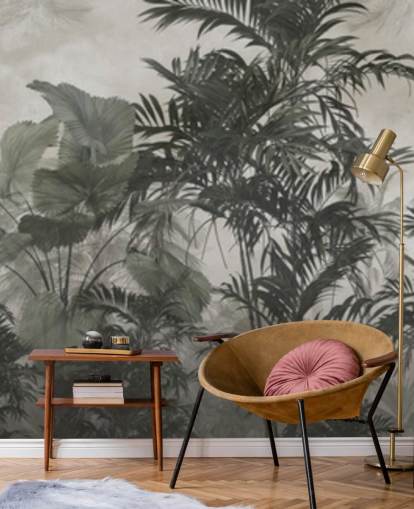 Donkergroen en zwart behang met junglebomen Donkergroen en zwart behang met junglebomen