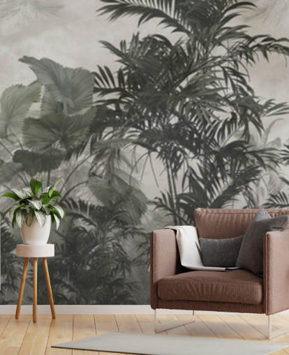 Papel pintado de árboles selváticos verde oscuro y negro