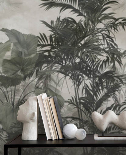 Donkergroen en zwart behang met junglebomen Donkergroen en zwart behang met junglebomen