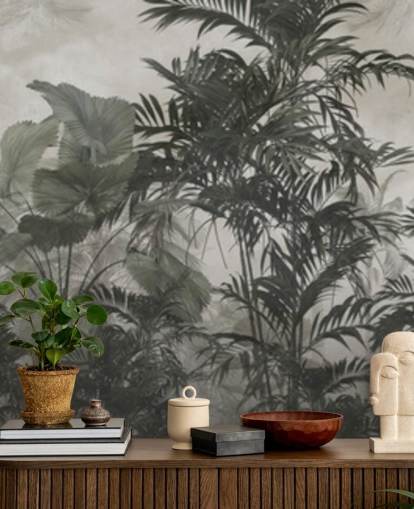Carta da parati verde scuro e nero con alberi della giungla Carta da parati verde scuro e nero con alberi della giungla