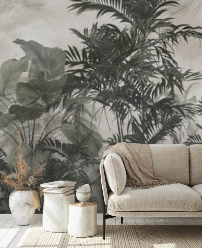 Papel pintado de árboles selváticos verde oscuro y negro