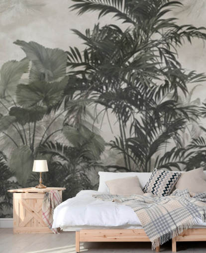 Donkergroen en zwart behang met junglebomen