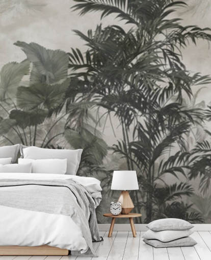 Papel pintado de árboles selváticos verde oscuro y negro