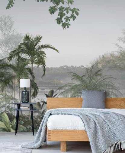 Groen panoramisch behang met tropische junglebomen Groen panoramisch behang met tropische junglebomen