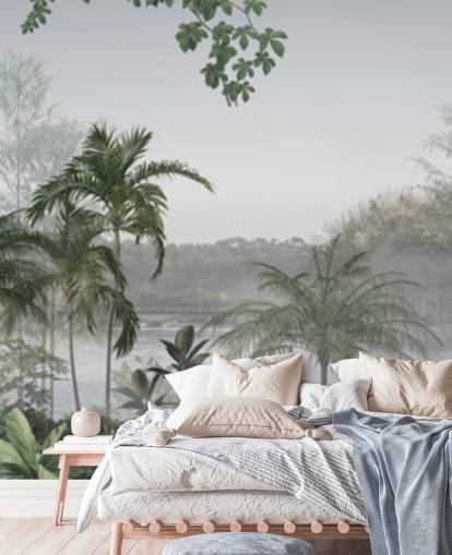 Groen panoramisch behang met tropische junglebomen Groen panoramisch behang met tropische junglebomen