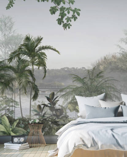 Groen panoramisch behang met tropische junglebomen