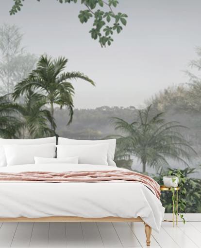 Groen panoramisch behang met tropische junglebomen Groen panoramisch behang met tropische junglebomen