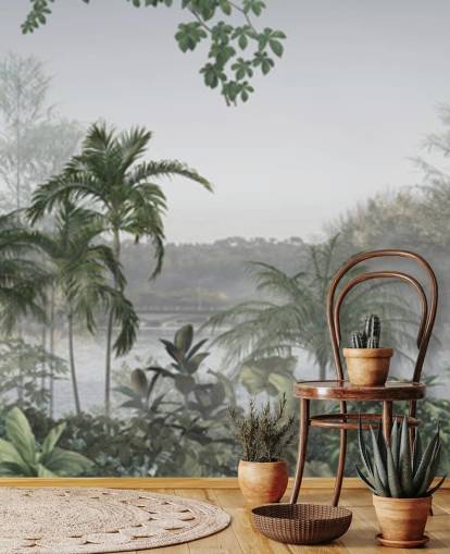 Papel de parede panorâmico verde de paisagem de árvores da selva tropical