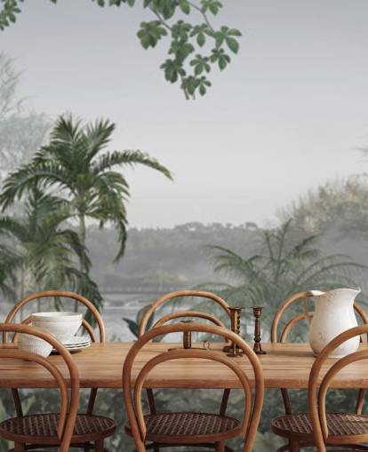 Groen panoramisch behang met tropische junglebomen