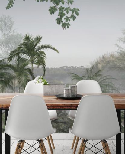 Groen panoramisch behang met tropische junglebomen