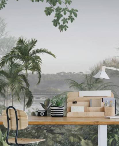 Papier peint panoramique vert avec paysage d'arbres de la jungle tropicale