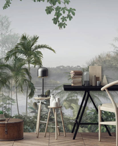 Green panoramic tropical jungle tree landscape wallpaper