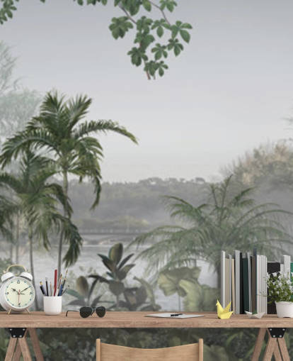 Green panoramic tropical jungle tree landscape wallpaper