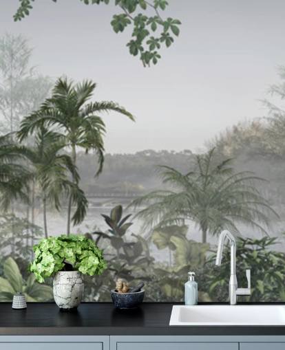 Grøn panorama tropisk jungle træ landskab tapet