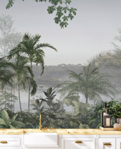 Papel de parede panorâmico verde de paisagem de árvores da selva tropical