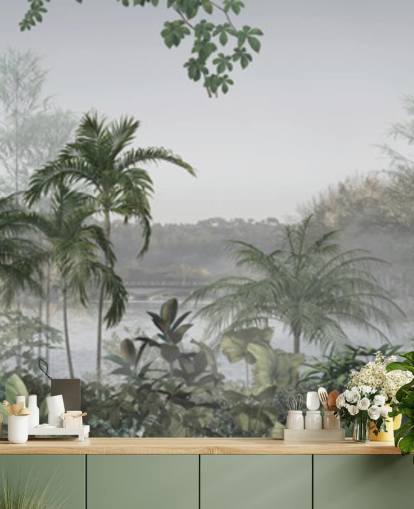 Papier peint panoramique vert avec paysage d'arbres de la jungle tropicale Papier peint panoramique vert avec paysage d'arbres de la jungle tropicale