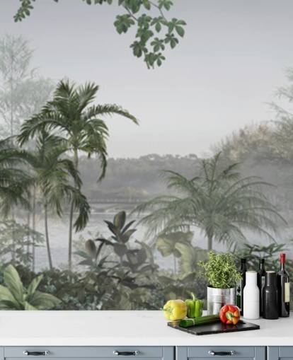 Papel pintado panorámico verde de paisaje de árboles de selva tropical