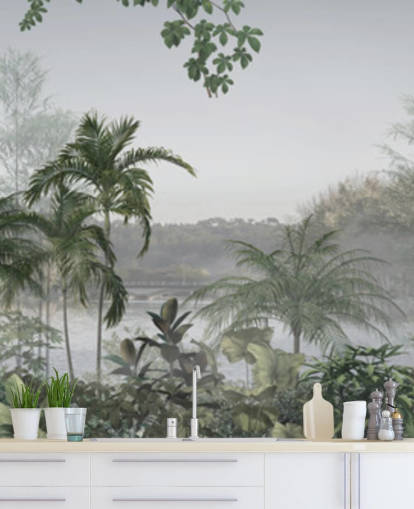 Groen panoramisch behang met tropische junglebomen