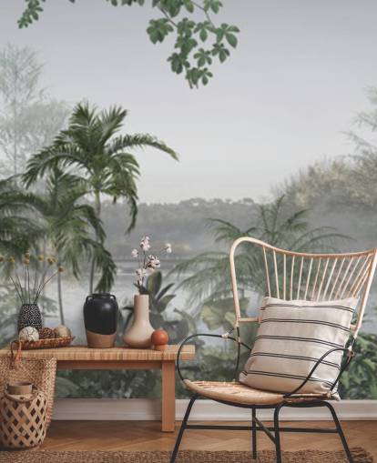 Groen panoramisch behang met tropische junglebomen