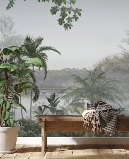 Green panoramic tropical jungle tree landscape wallpaper