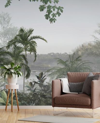 Papel de parede panorâmico verde de paisagem de árvores da selva tropical