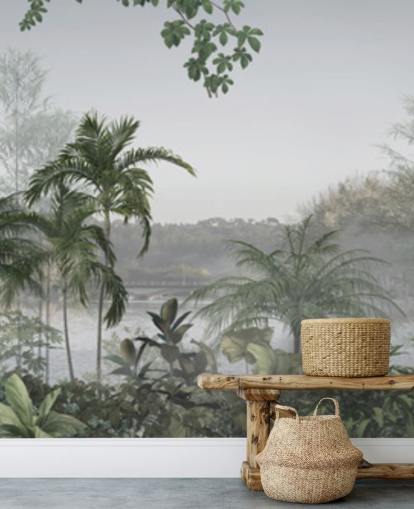 Green panoramic tropical jungle tree landscape wallpaper