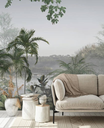 Green panoramic tropical jungle tree landscape wallpaper