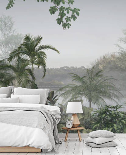 Groen panoramisch behang met tropische junglebomen