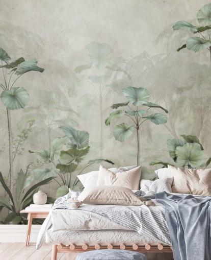 Fundo bege vintage com papel de parede verde suave de árvores altas tropicais Fundo bege vintage com papel de parede verde suave de árvores altas tropicais