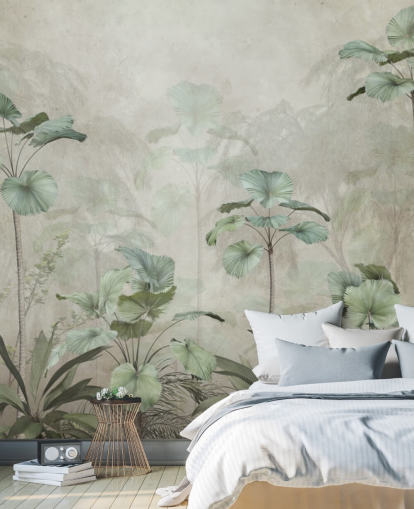 Vintage beige achtergrond met gedempt groen behang met tropische hoge bomen