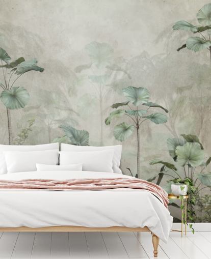 Sfondo beige vintage con carta da parati verde tenue con alberi tropicali ad alto fusto