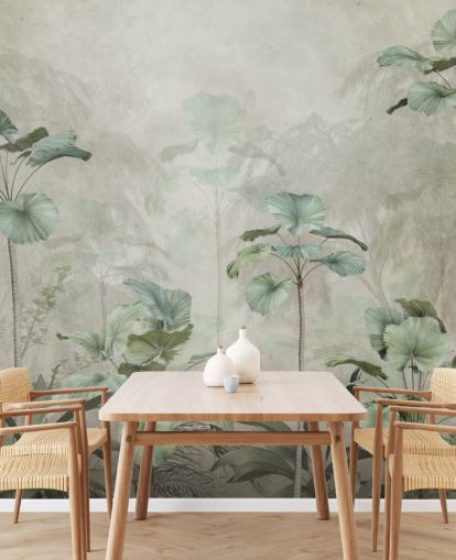 Vintage beige achtergrond met gedempt groen behang met tropische hoge bomen