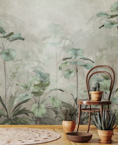 Vintage beige background with muted green tropical tall trees wallpaper