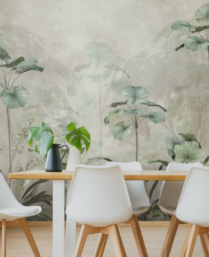 Vintage beige achtergrond met gedempt groen behang met tropische hoge bomen Vintage beige achtergrond met gedempt groen behang met tropische hoge bomen