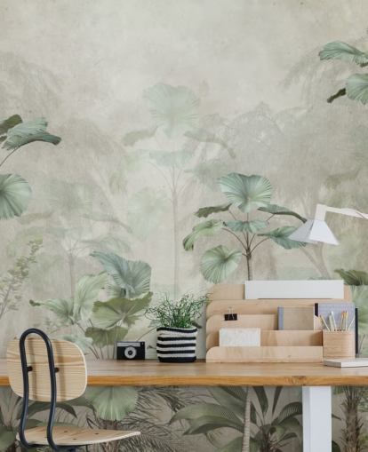 Vintage beige background with muted green tropical tall trees wallpaper