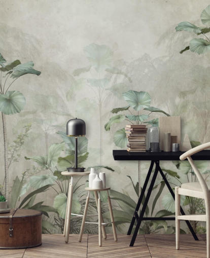 Vintage beige background with muted green tropical tall trees wallpaper