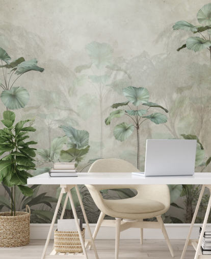 Fond beige vintage avec papier peint vert tamisé de grands arbres tropicaux