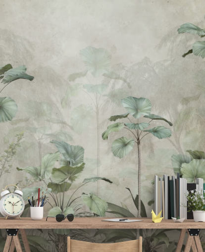 Vintage beige background with muted green tropical tall trees wallpaper