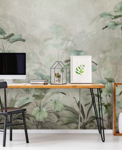 Fundo bege vintage com papel de parede verde suave de árvores altas tropicais