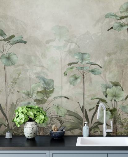 Vintage beige background with muted green tropical tall trees wallpaper Vintage beige background with muted green tropical tall trees wallpaper