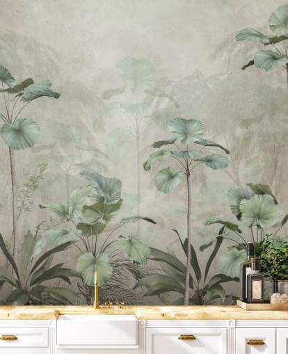 Fundo bege vintage com papel de parede verde suave de árvores altas tropicais