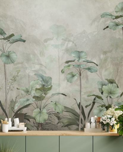 Vintage beige achtergrond met gedempt groen behang met tropische hoge bomen