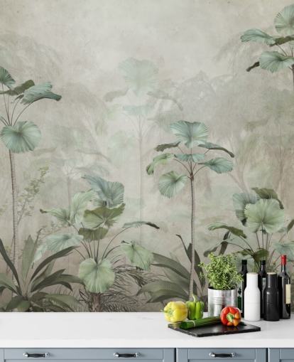 Fundo bege vintage com papel de parede verde suave de árvores altas tropicais