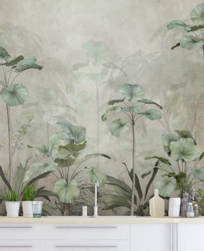 Vintage beige background with muted green tropical tall trees wallpaper