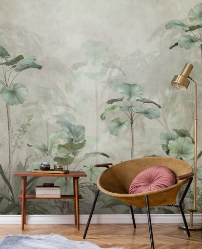 Vintage beige background with muted green tropical tall trees wallpaper