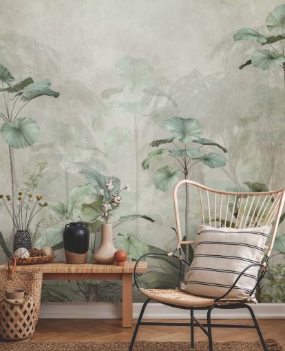 Papel pintado de fondo beige vintage con árboles altos tropicales de color verde apagado